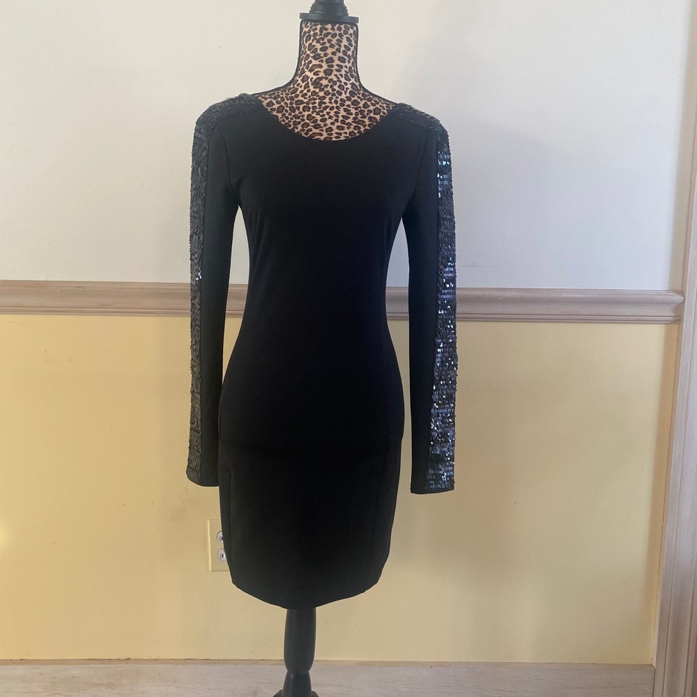 Armani Exchange Black‎ Long Sleeve Sequin Sleeve Scoop Back Cocktail Dress S P